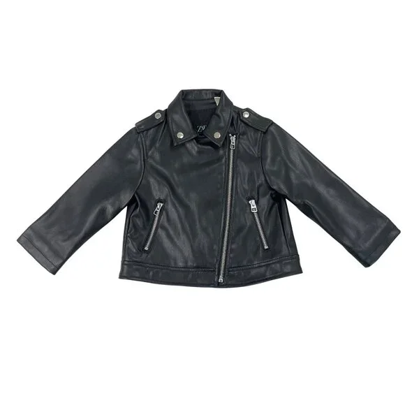 Zara Kids Black Leather Moto Jacket W/ Silver Zipper & Snap Details Size 18-24M